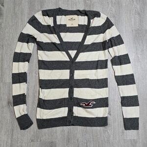 Vintage Y2K Hollister Gray White Striped Pocket Cardigan Medium